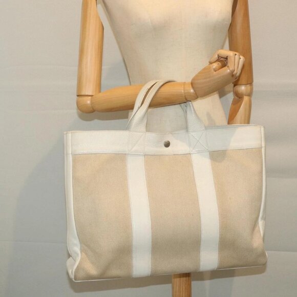 HERMES Fourre Tout MM Hand Bag Canvas Leather Beige Auth - Picture 1 of 16